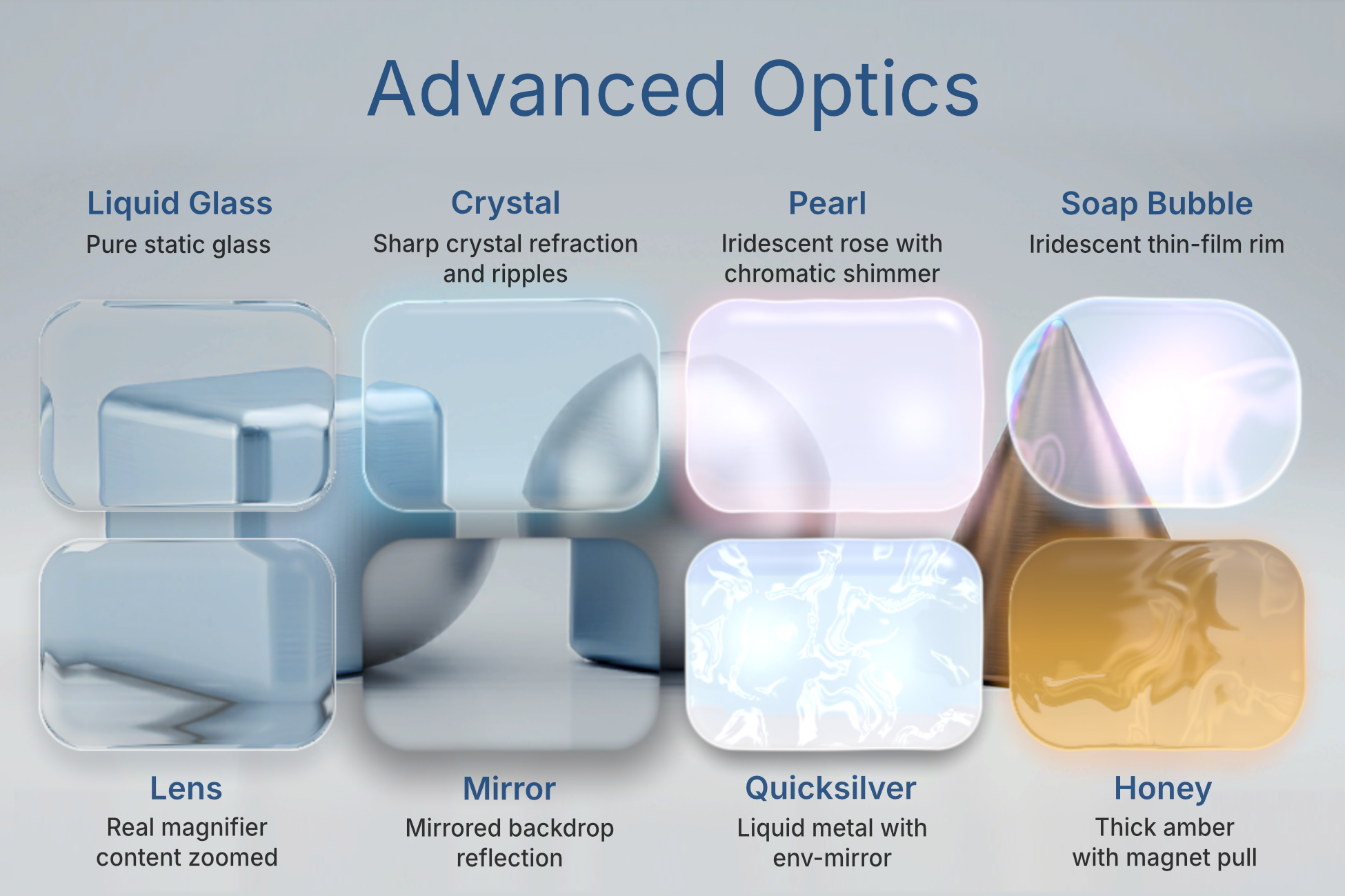 Advanced optics — Lens, Mirror, Quicksilver, Honey, Crystal, Pearl, Soap Bubble